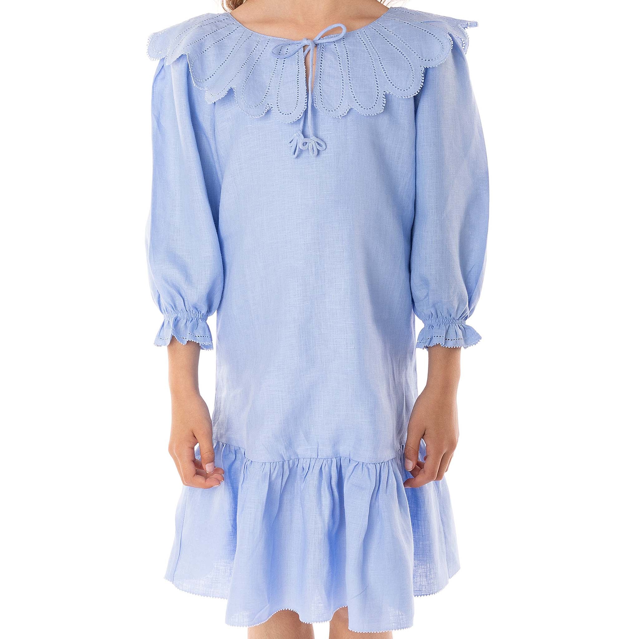 The Flora Blue - Collared Linen Dress