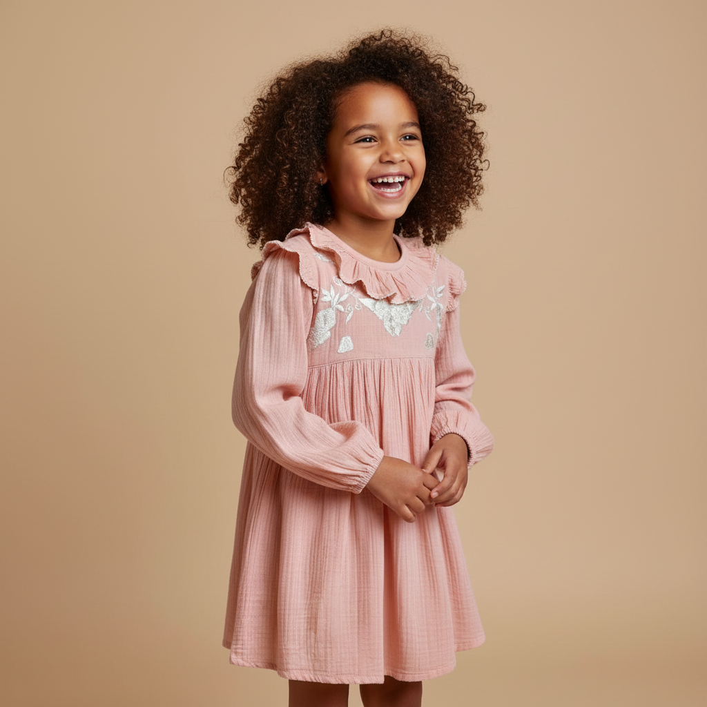 Young girl wearing a pink dress with floral embroidery on a beige background