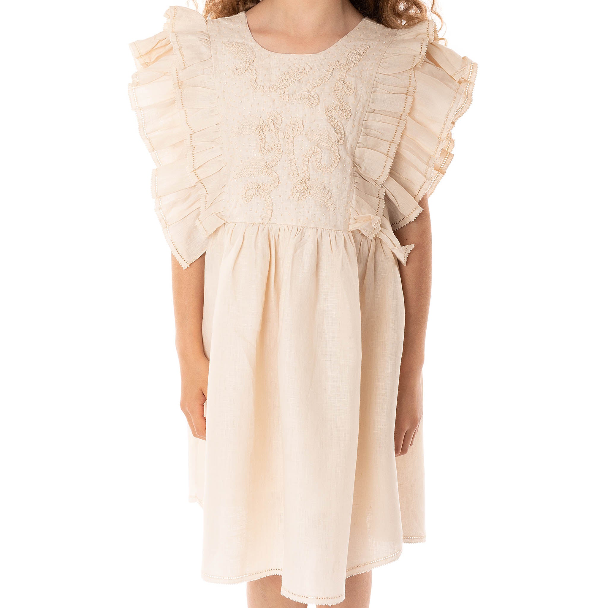 The Luna Creamy White - Embroidered Linen Dress