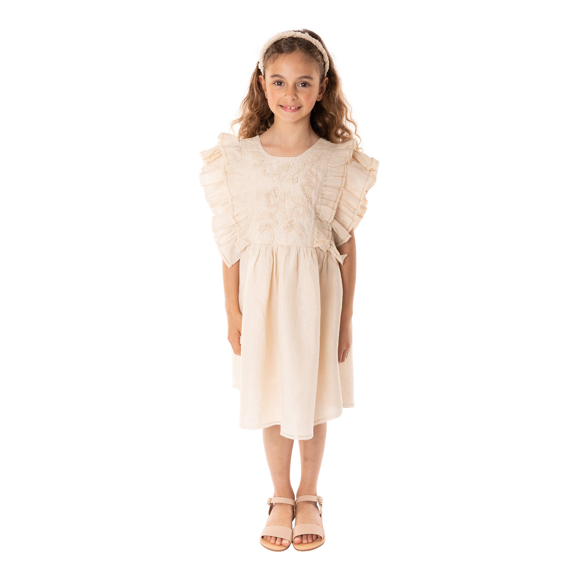 The Luna Creamy White - Embroidered Linen Dress
