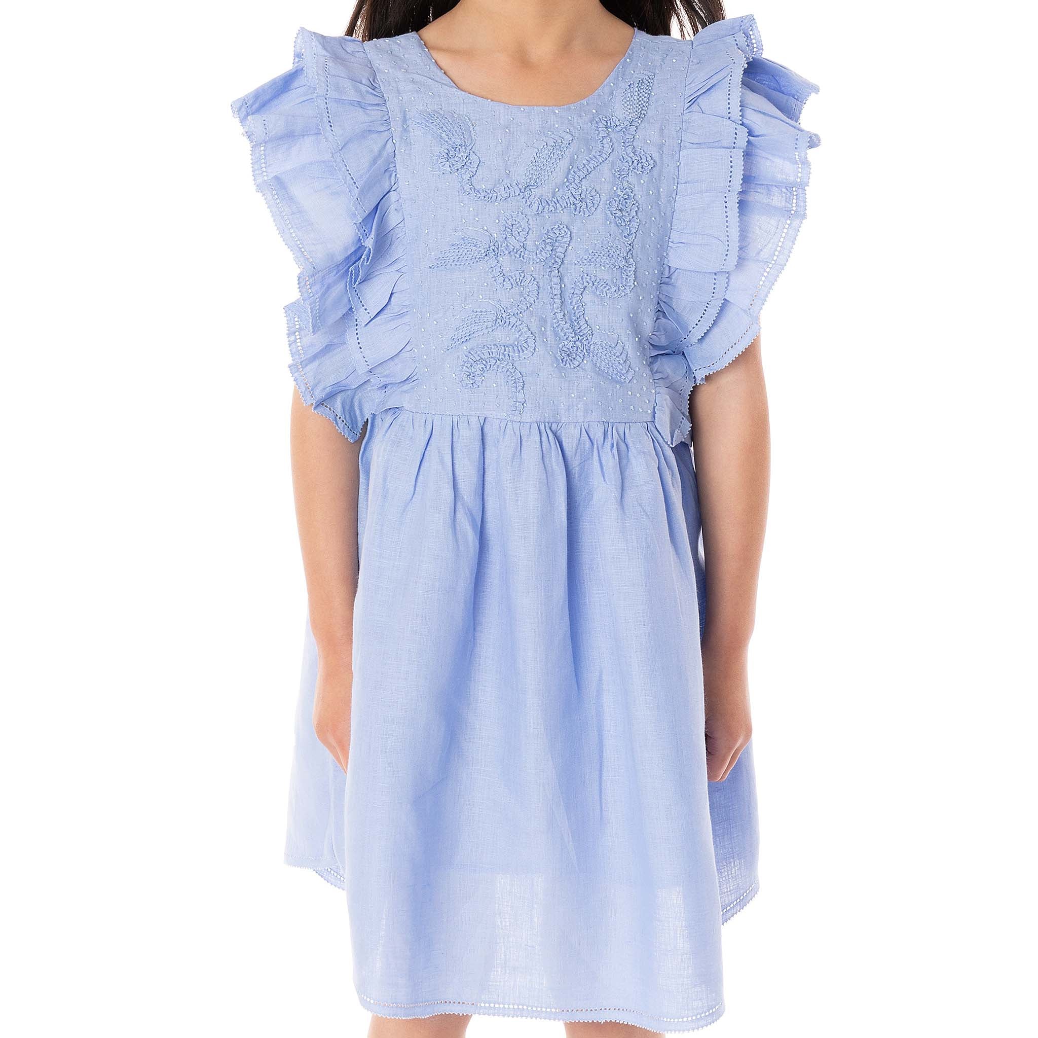 The Luna Blue - Embroidered Linen Dress