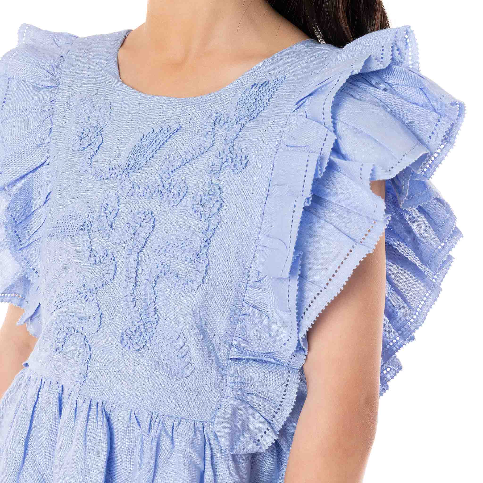 The Luna Blue - Embroidered Linen Dress