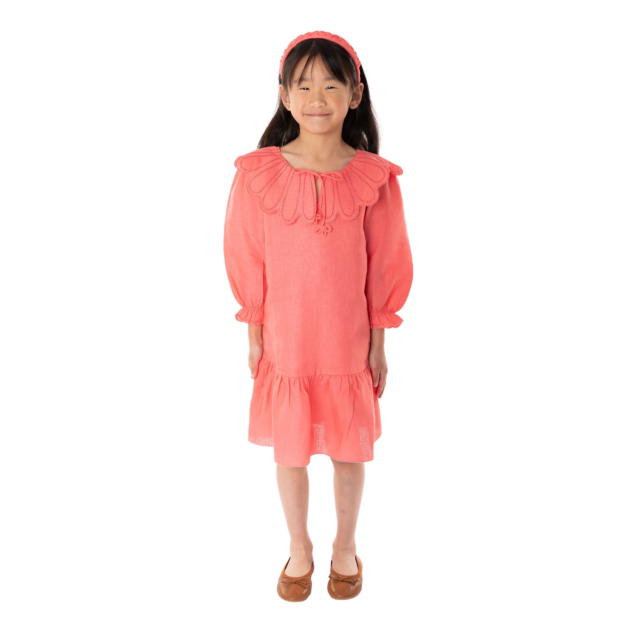 The Flora Coral - Collared Linen Dress