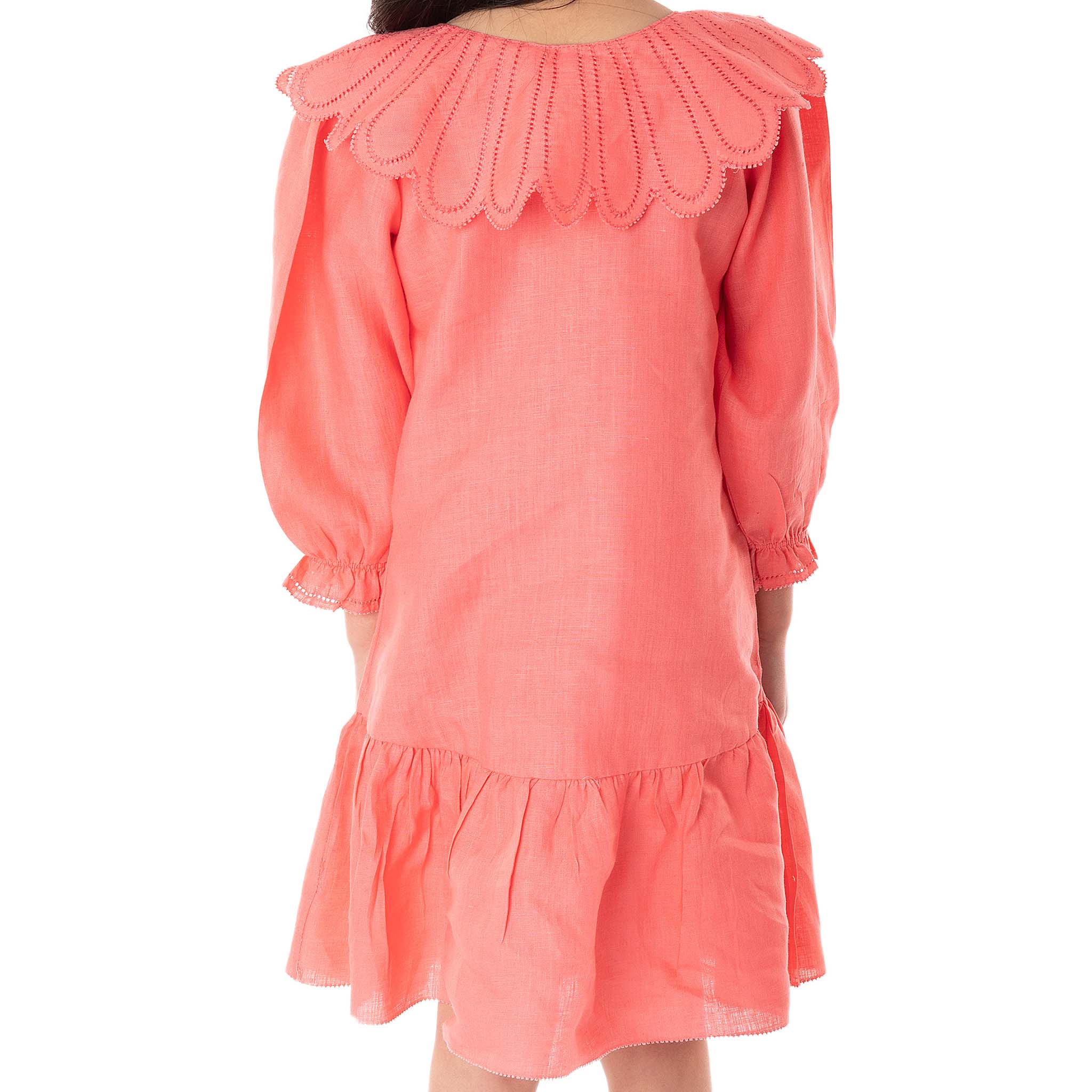 The Flora Coral - Collared Linen Dress