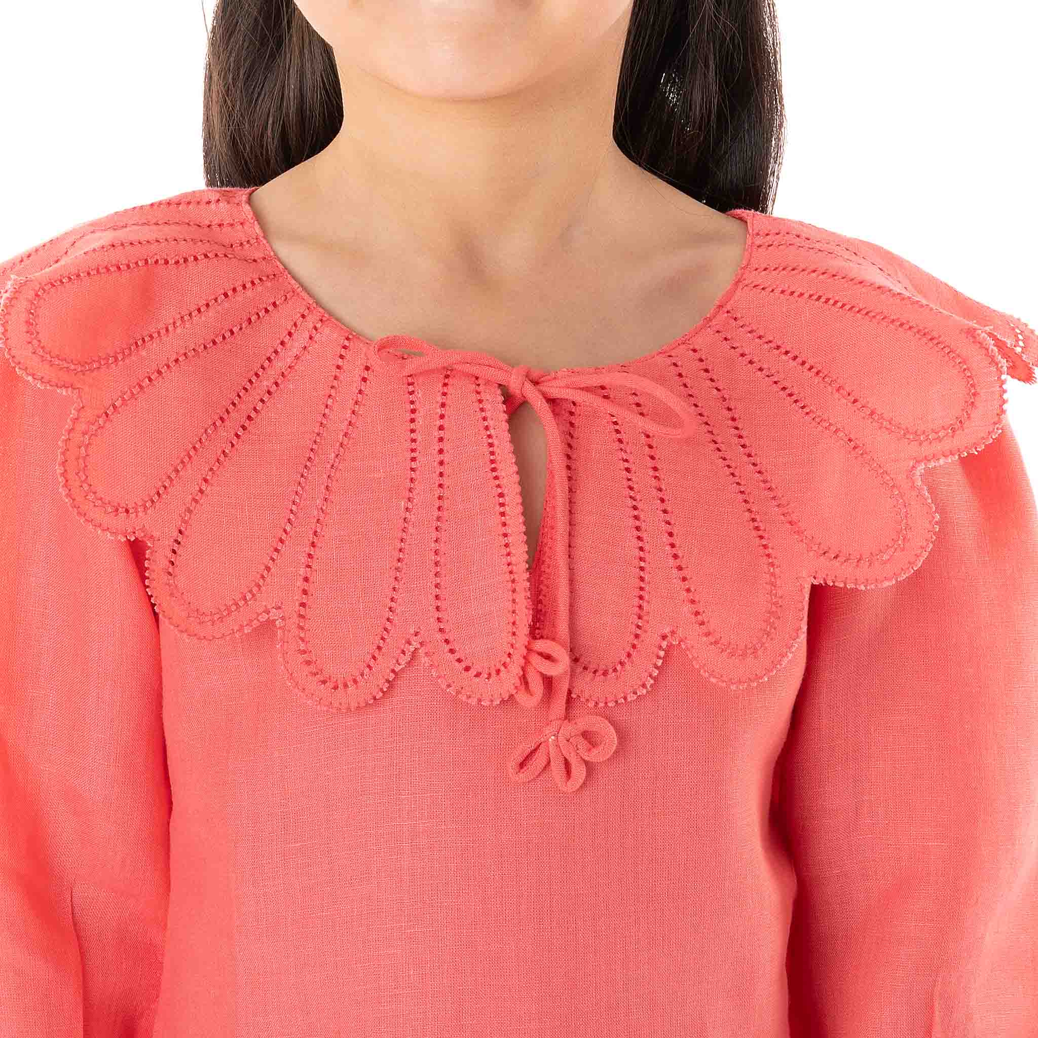 The Flora Coral - Collared Linen Dress