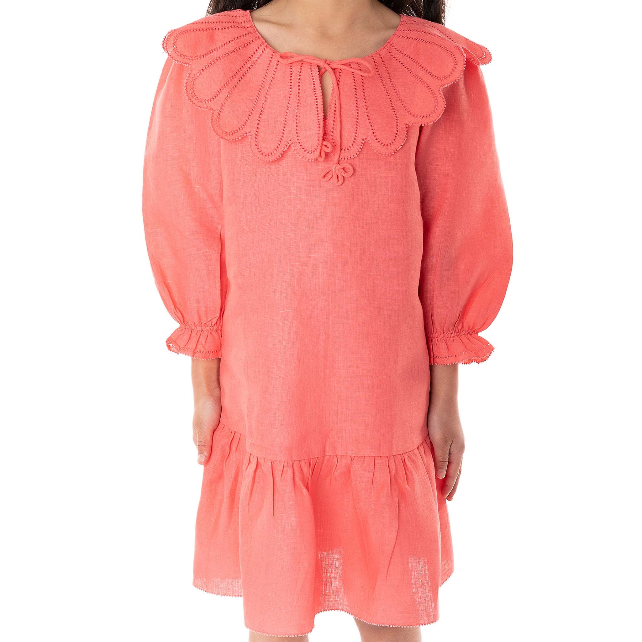 The Flora Coral - Collared Linen Dress