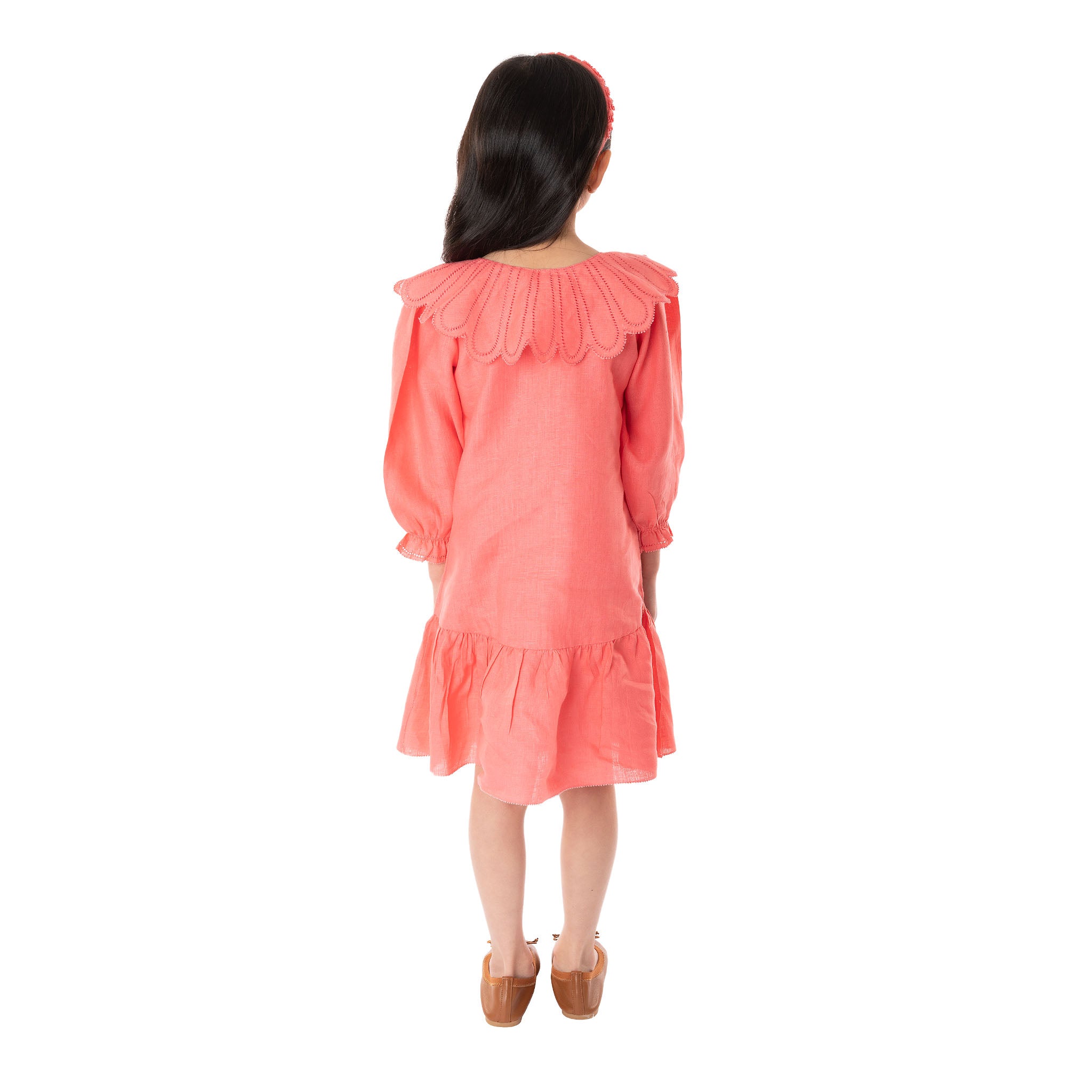 The Flora Coral - Collared Linen Dress