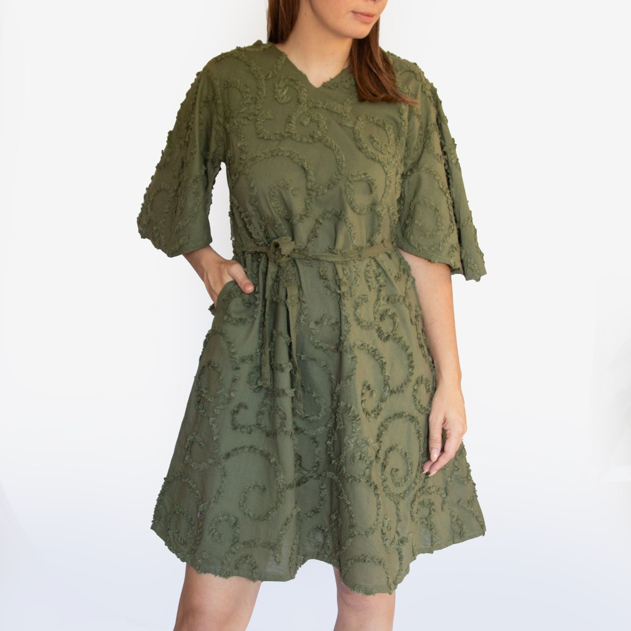Women wearing cotton all over textured mother daughter matching dress