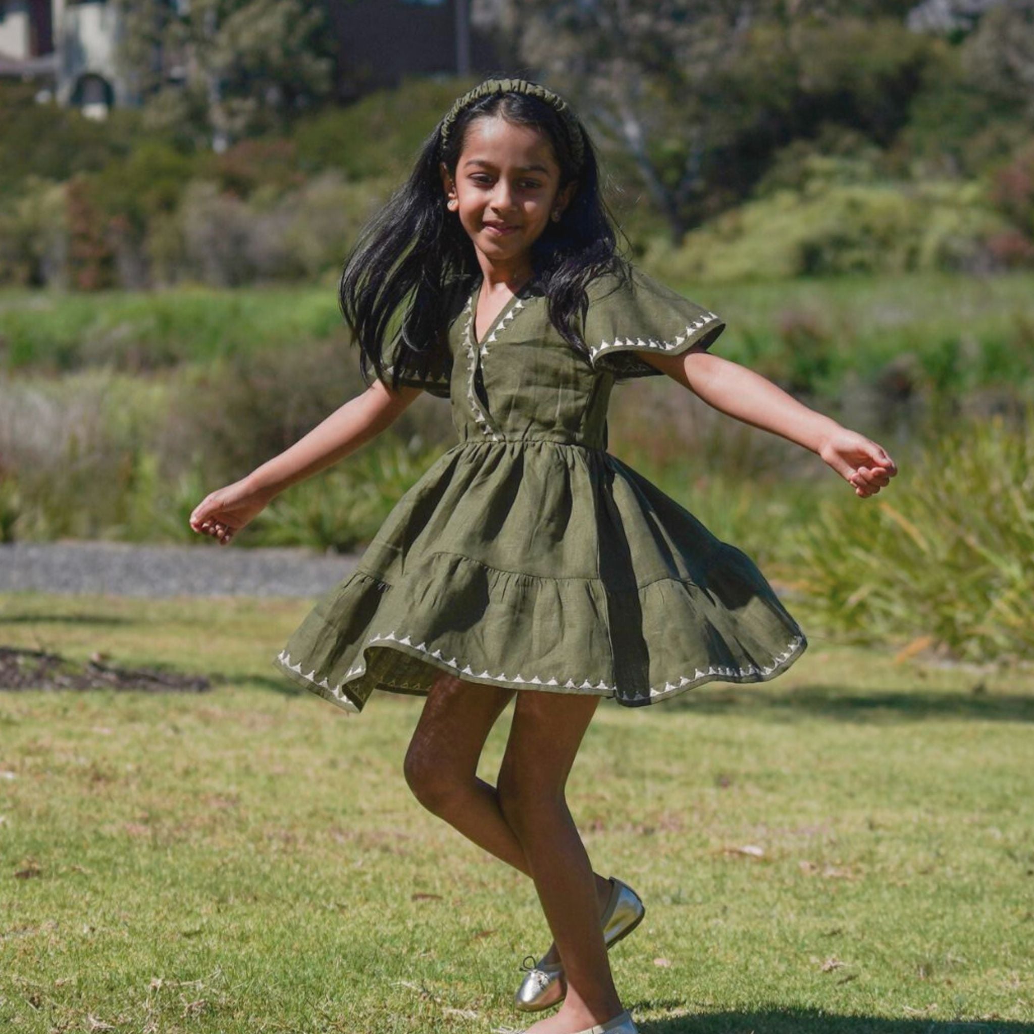 The Kaiya Olive - Tiered Linen Dress