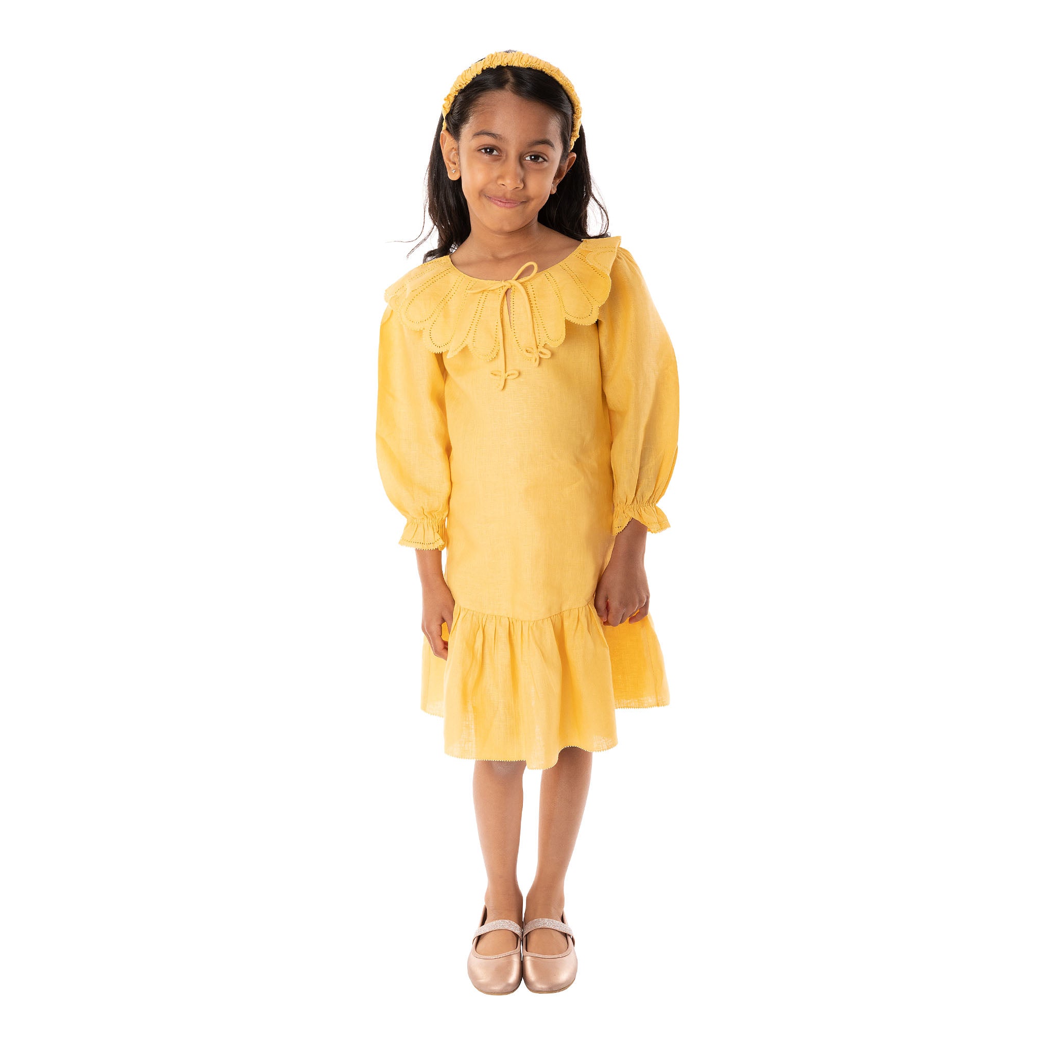 The Flora Yellow - Collared Linen Dress