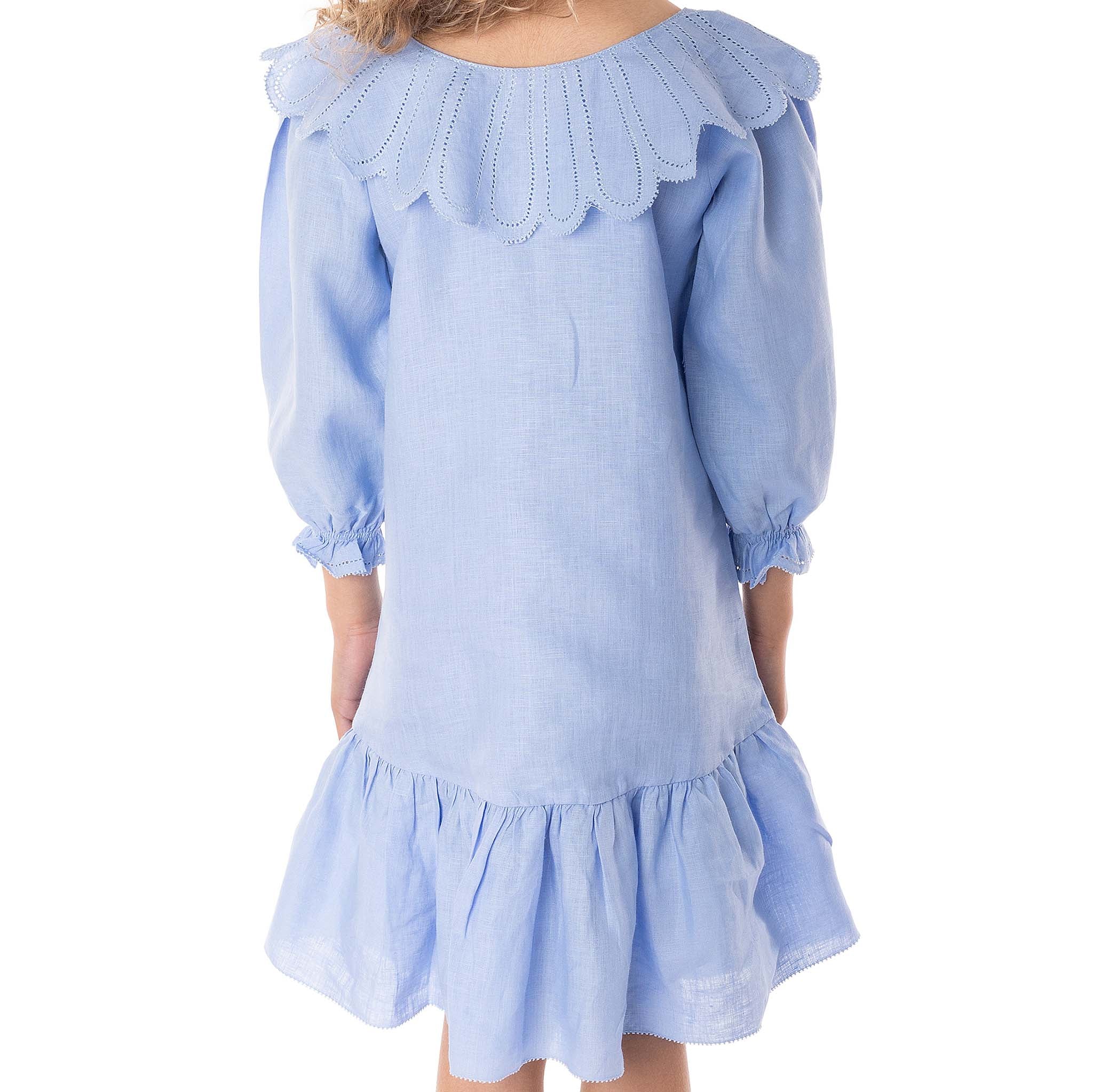 Collar Blue Linen Dress - Flora