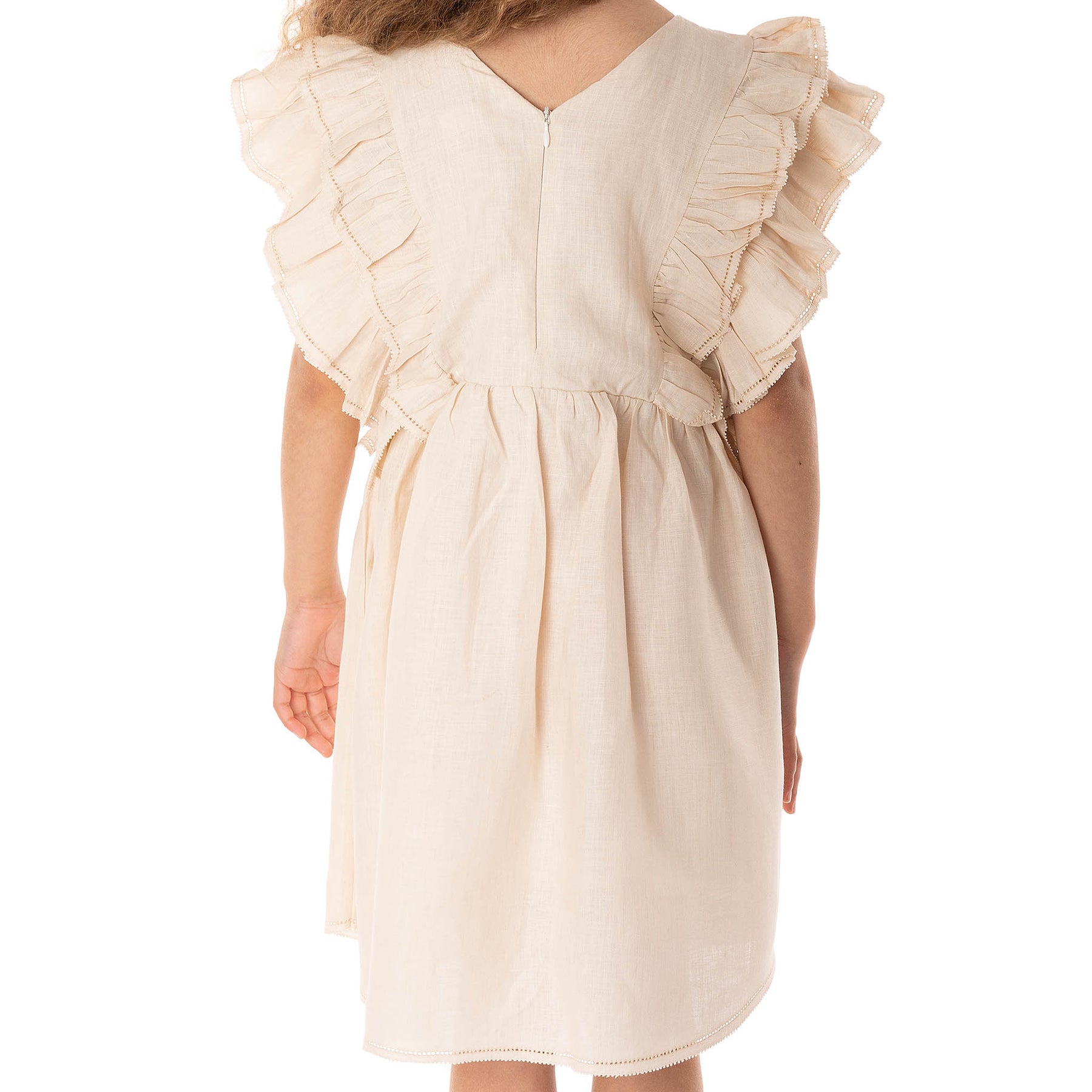 Ruffled Embroidered Linen Baby Doll Cream Dress