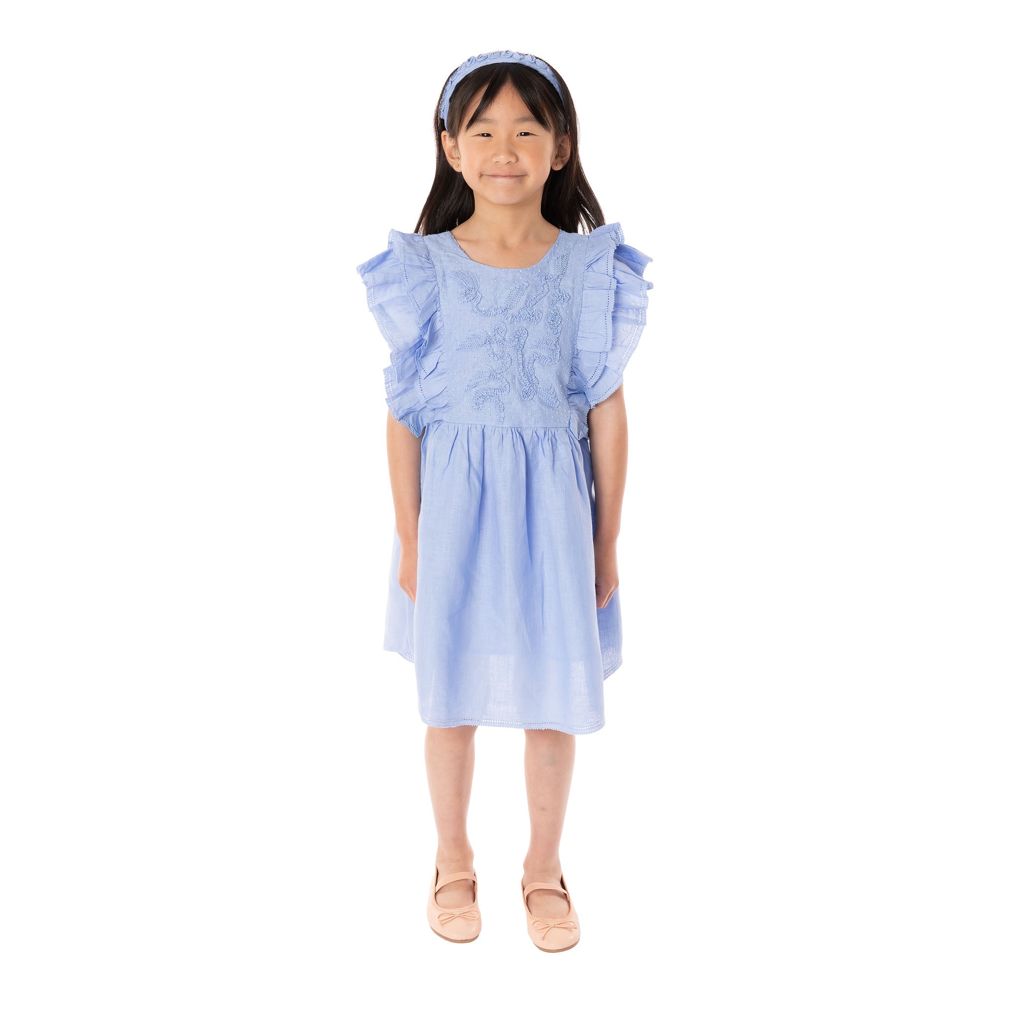 Embroidery Blue Linen Dress - Luna