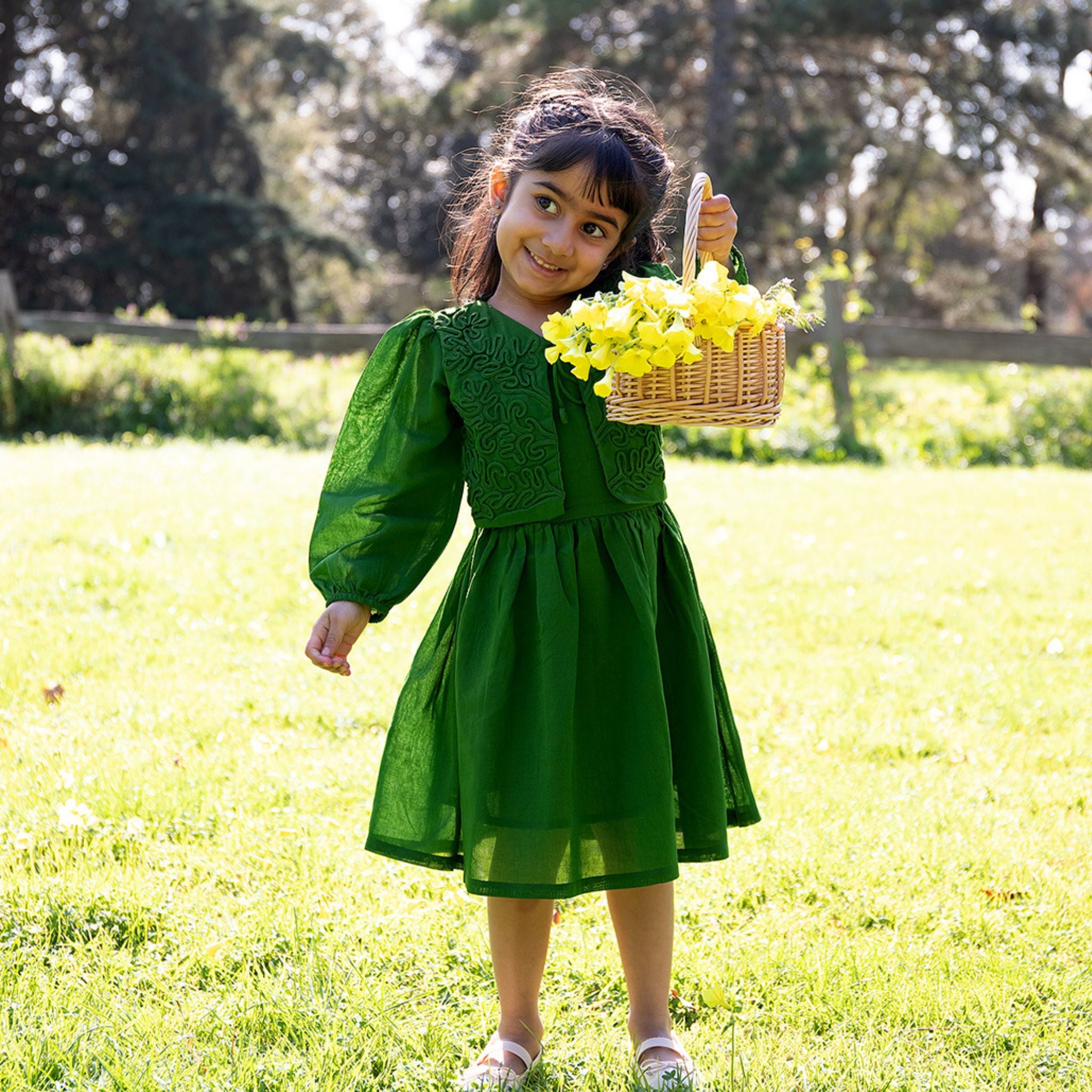 Embroidery Green Cotton Dress - Aria