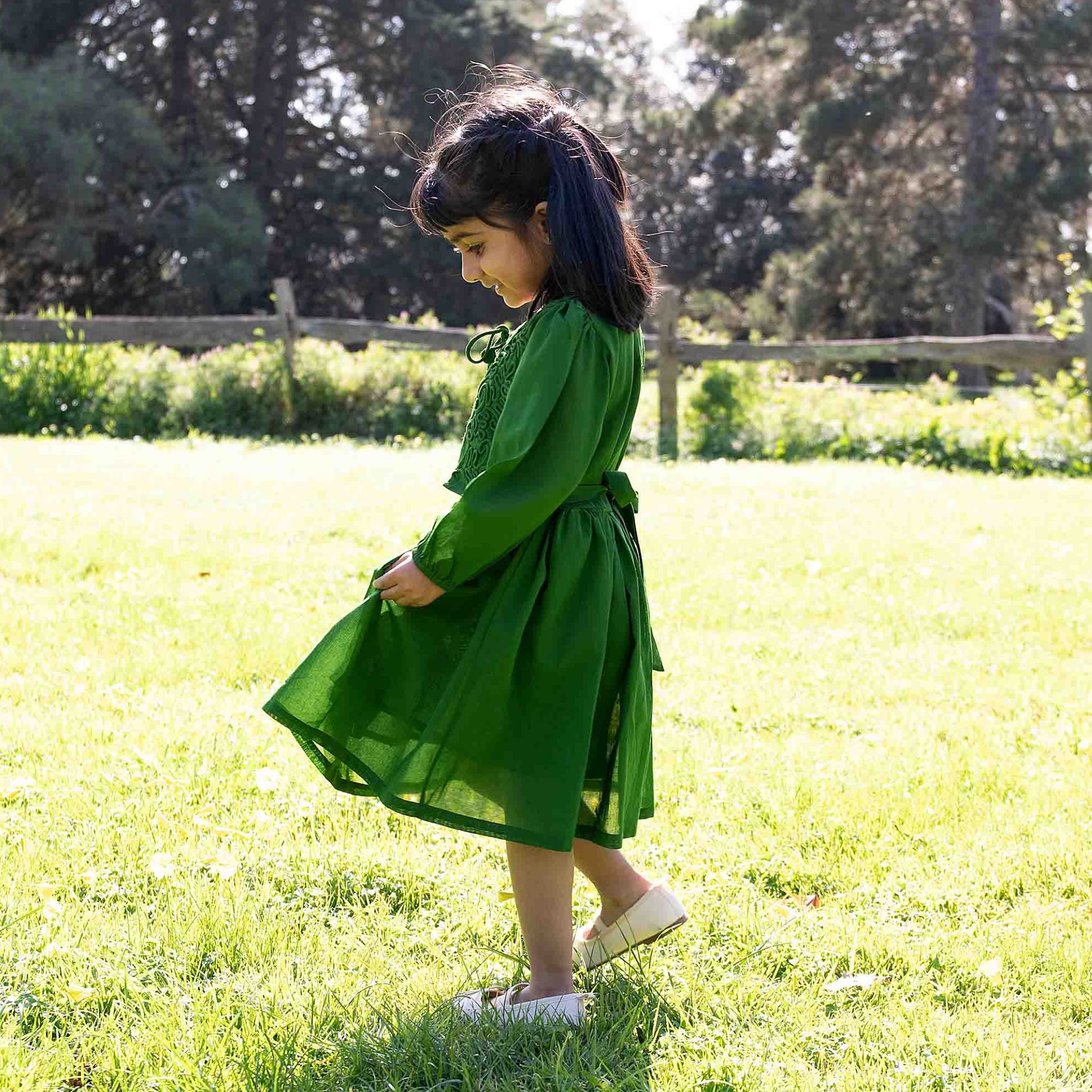 Embroidery Green Cotton Dress - Aria