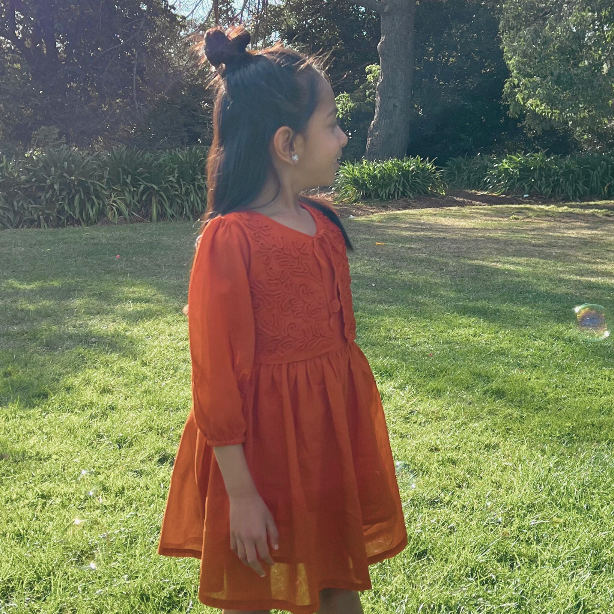 Embroidery Orange Cotton Dress - Aria